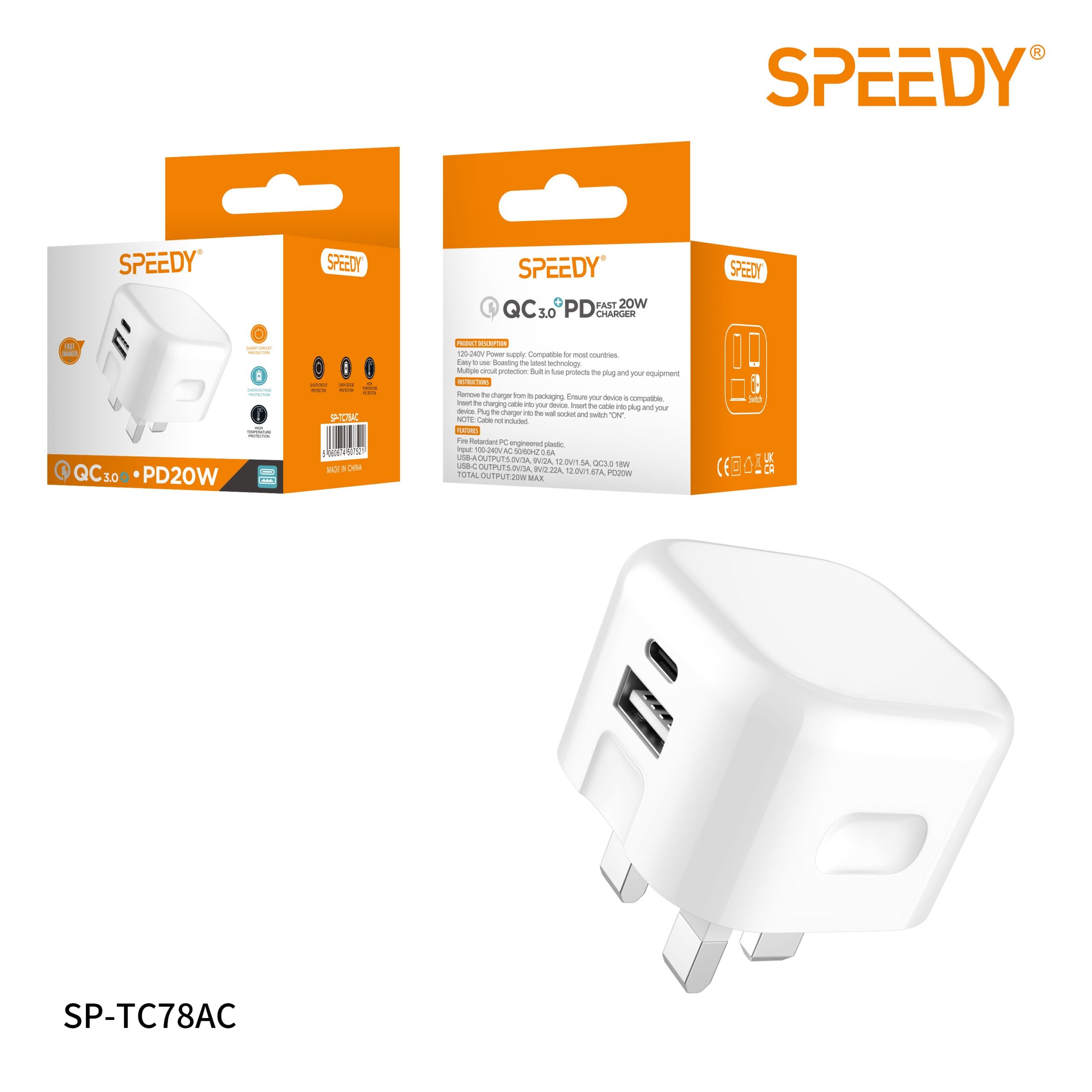 SPEEDY® SP-TC78AC Dual Port QC 3.0 + PD 20w Fast Charger Wall Plug